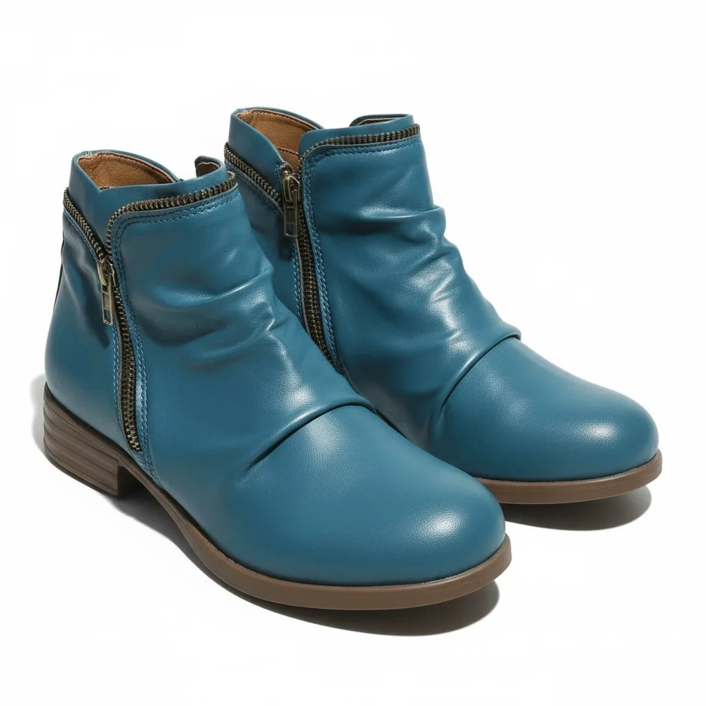 Women's faux leather side zip orthopedic ankle boots with ruched shaft