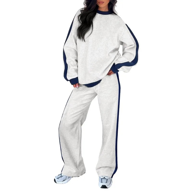 Women's fleece crew neck two piece set with contrast side stripes