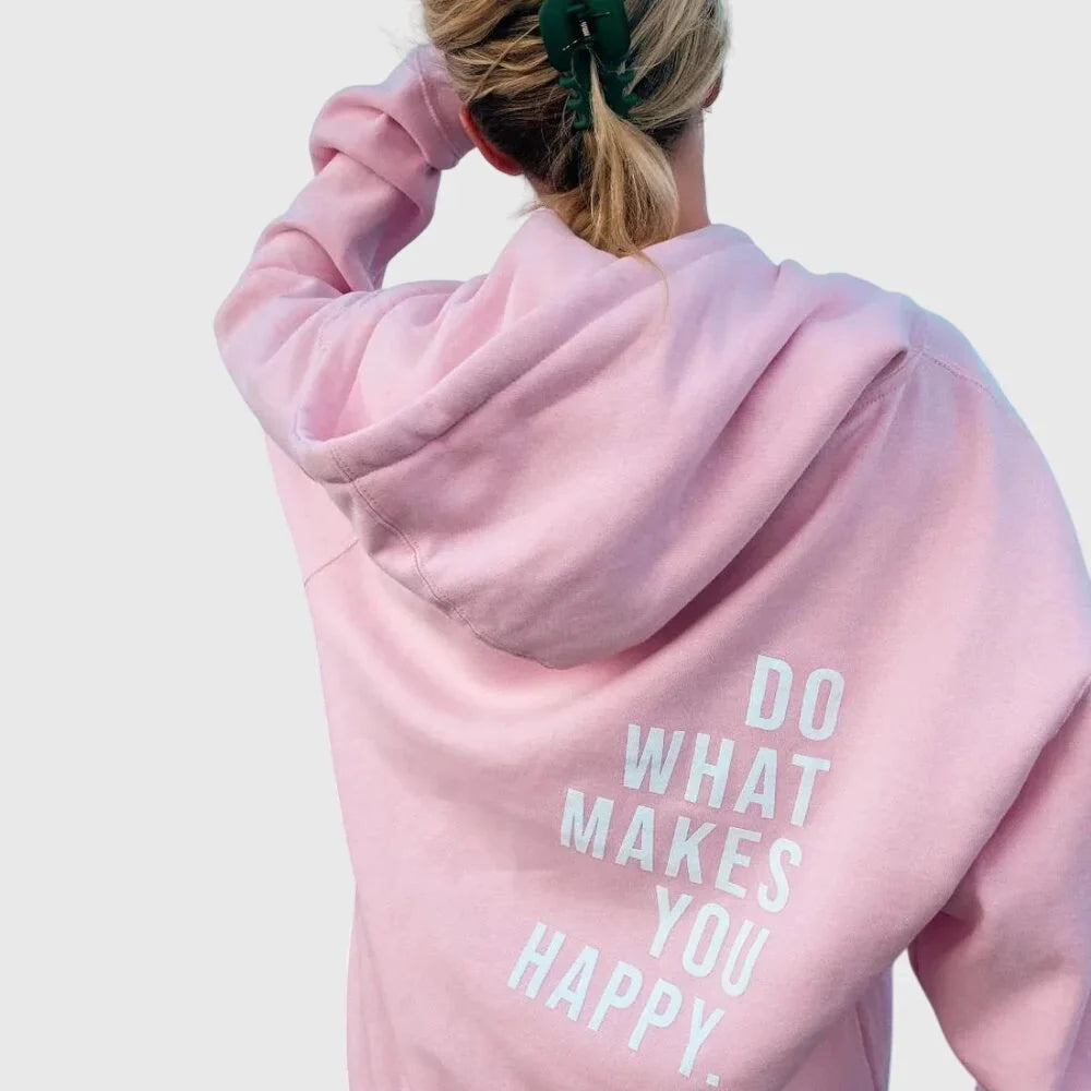 Women's fleece hoodie with text print on back