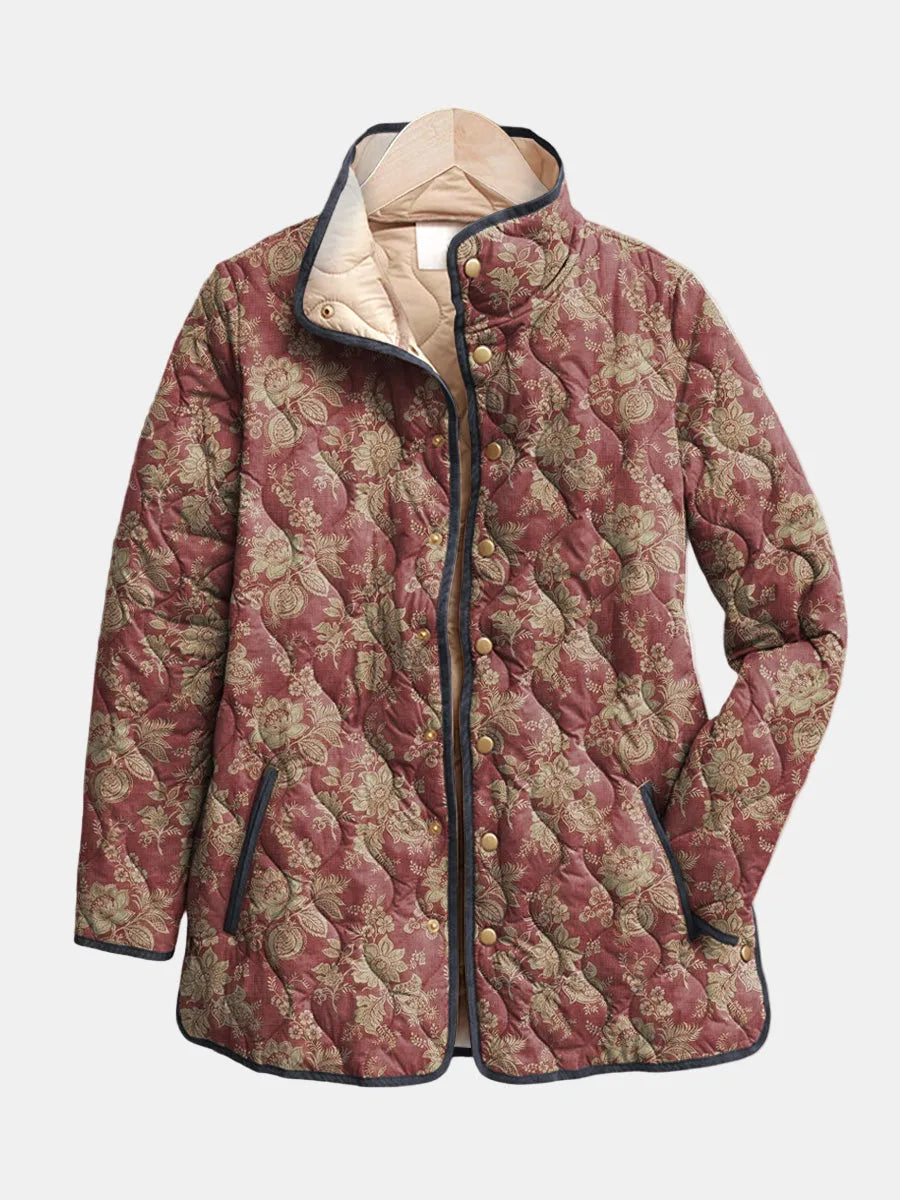 Women's floral button-front stand collar quilted jacket in maroon