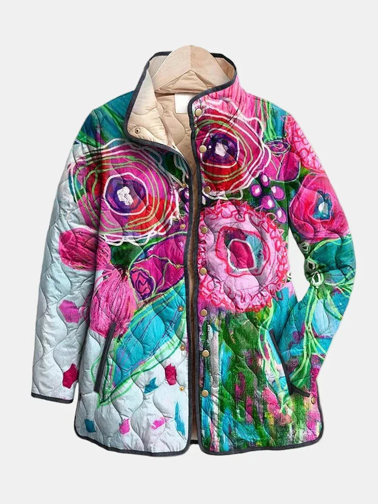 Women's floral button-front stand collar quilted jacket in multicolour