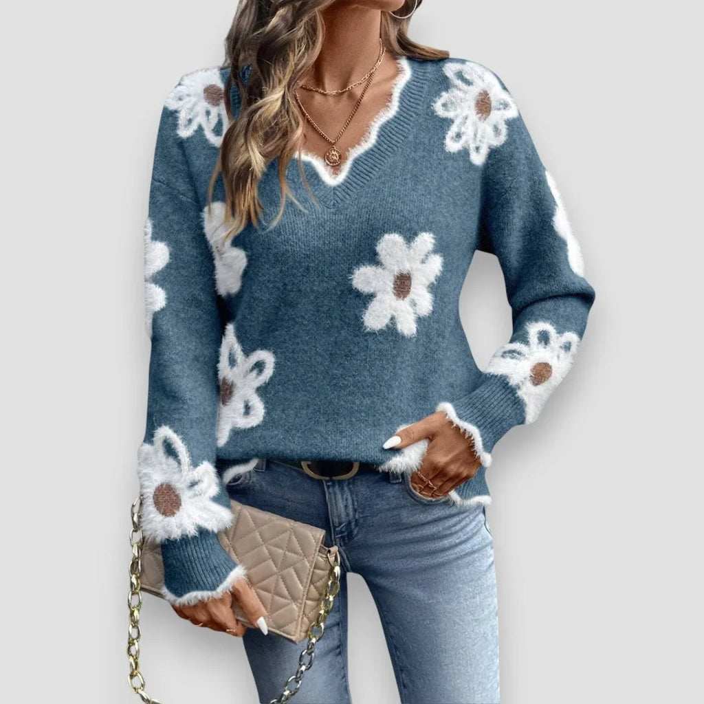 Women's floral knit v-neck sweater with fuzzy appliques