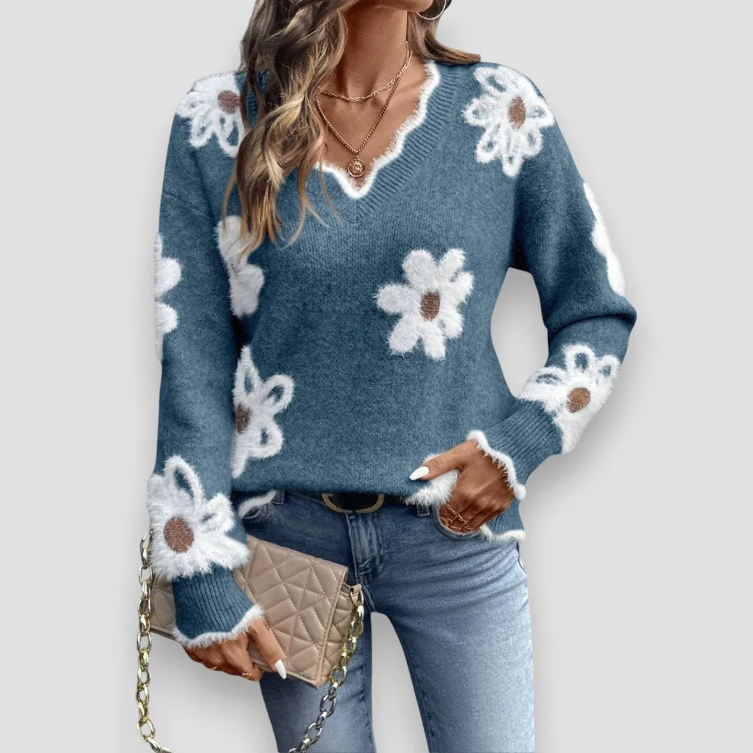 Women's floral knit v-neck sweater with fuzzy appliques