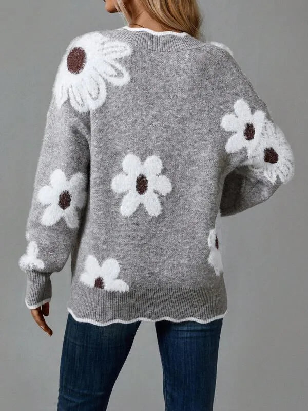 Women's floral knit v-neck sweater with fuzzy appliques