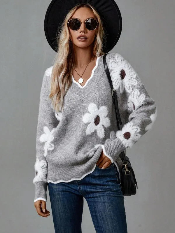Women's floral knit v-neck sweater with fuzzy appliques