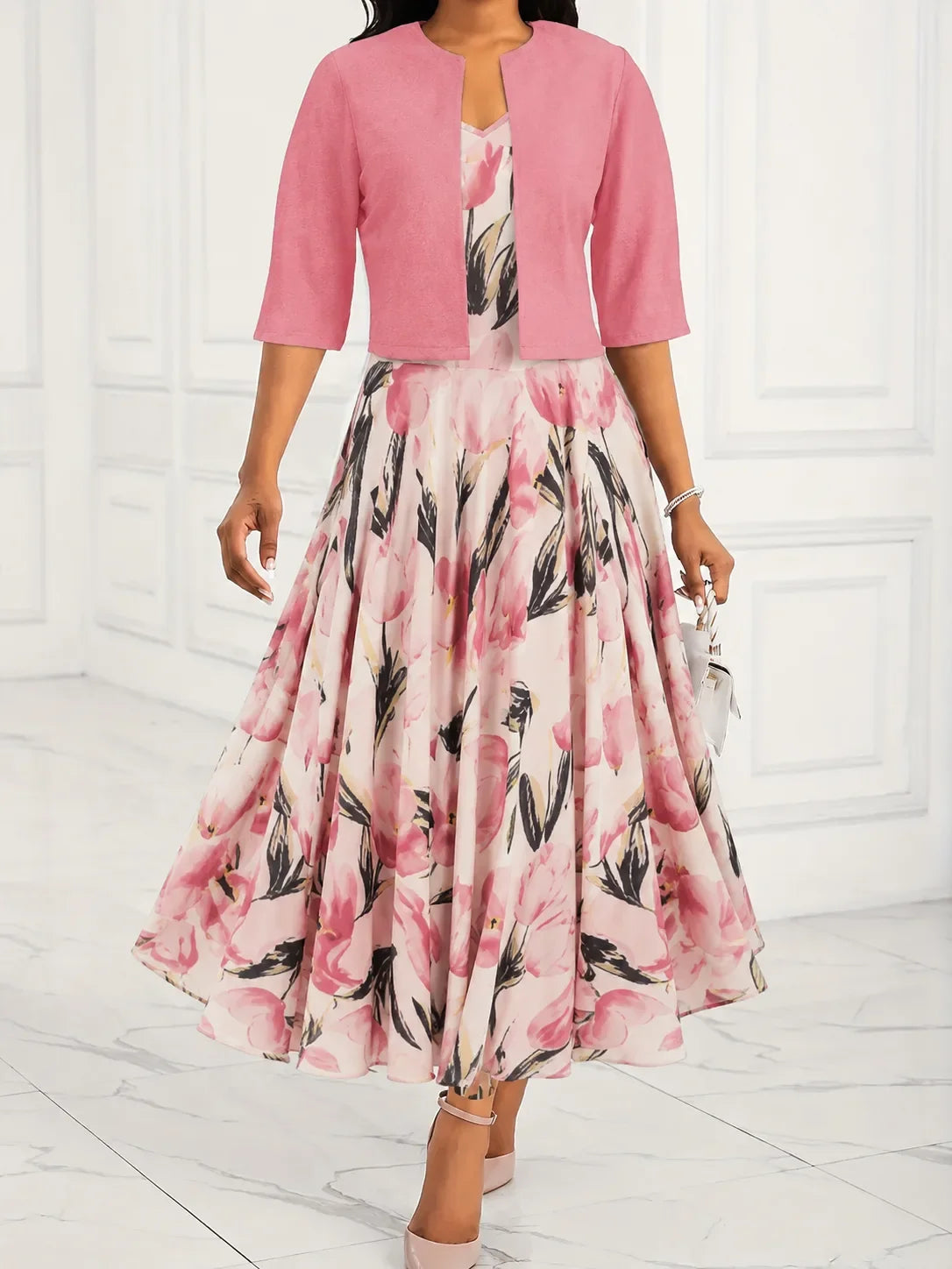 Women's Floral Maxi Dress Set with Jacket