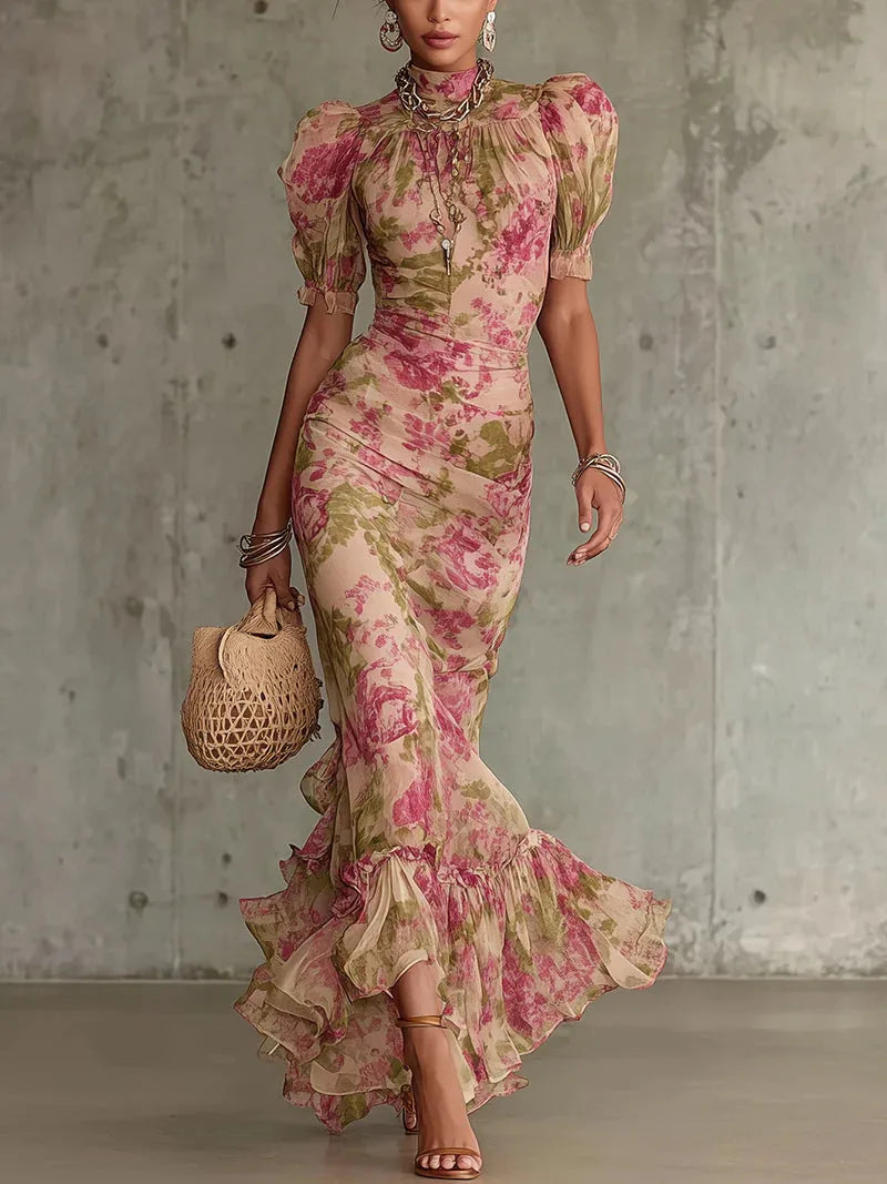 Women's Floral Mock Neck Maxi Dress