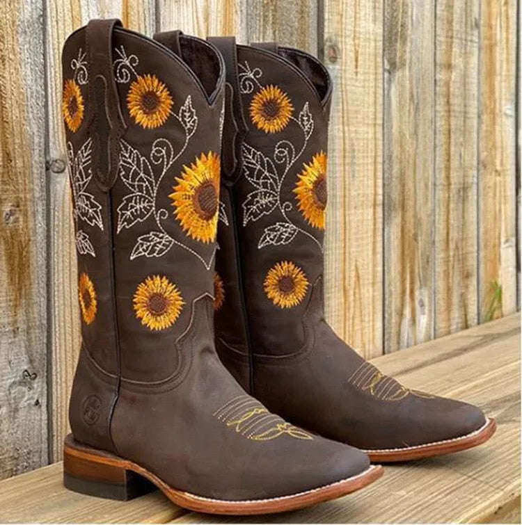 Women's floral suede knee high boots with sunflower embroidery