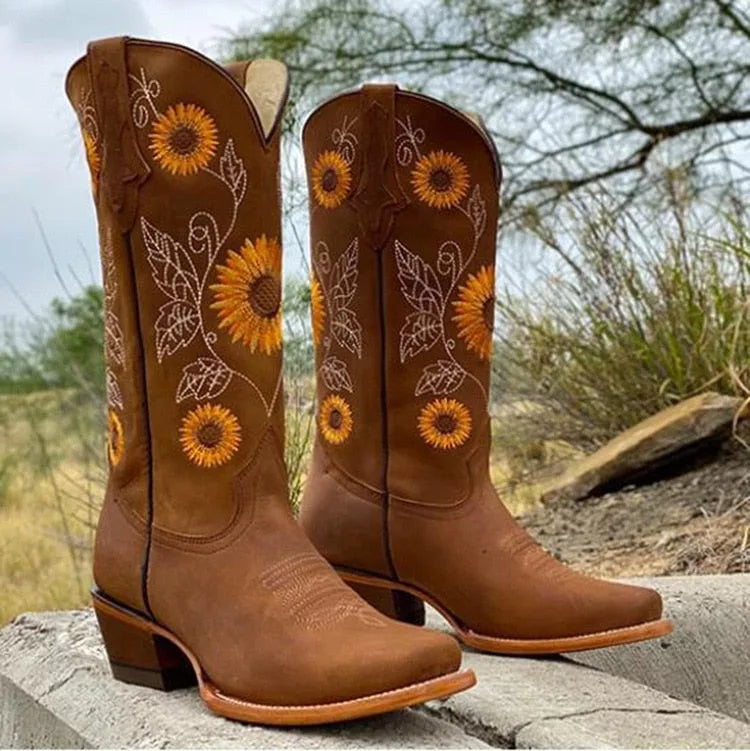 Women's floral suede knee high boots with sunflower embroidery