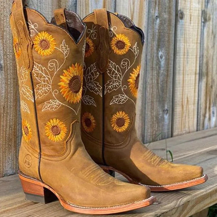 Women's floral suede knee high boots with sunflower embroidery