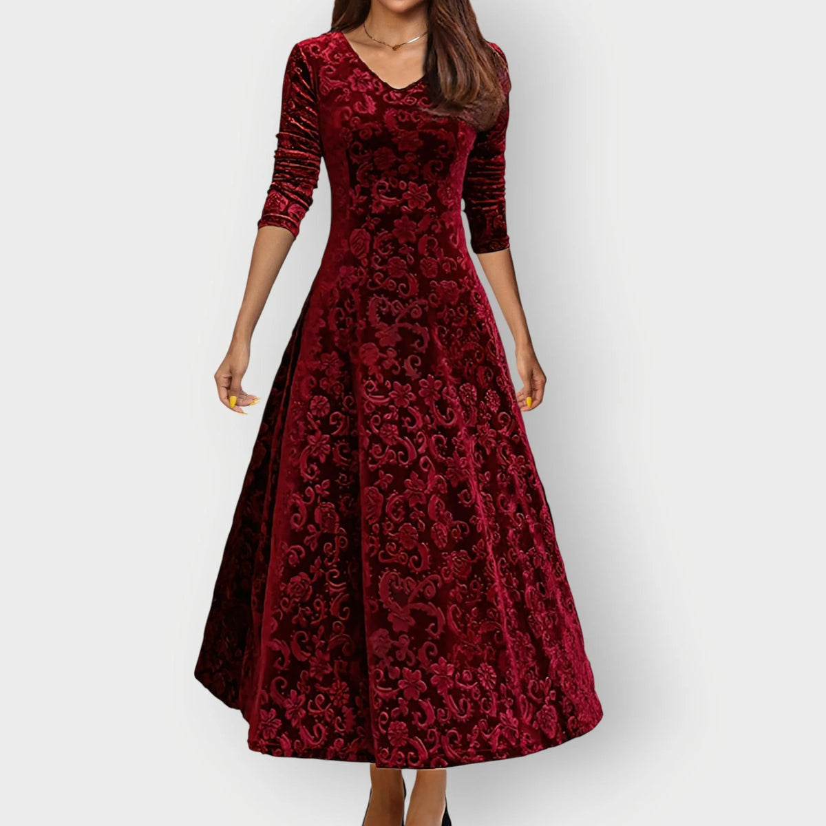 Women's floral velvet v-neck midi dress with embossed pattern
