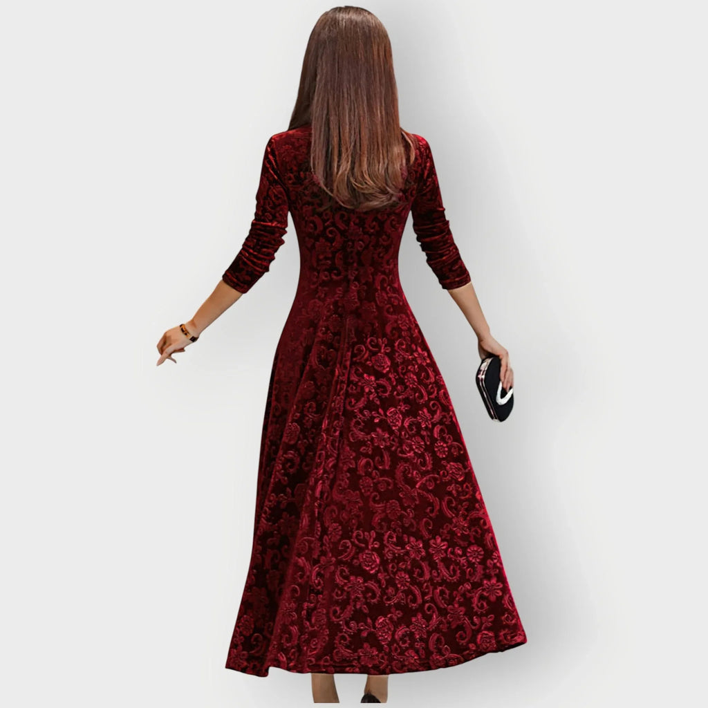 Women's floral velvet v-neck midi dress with embossed pattern