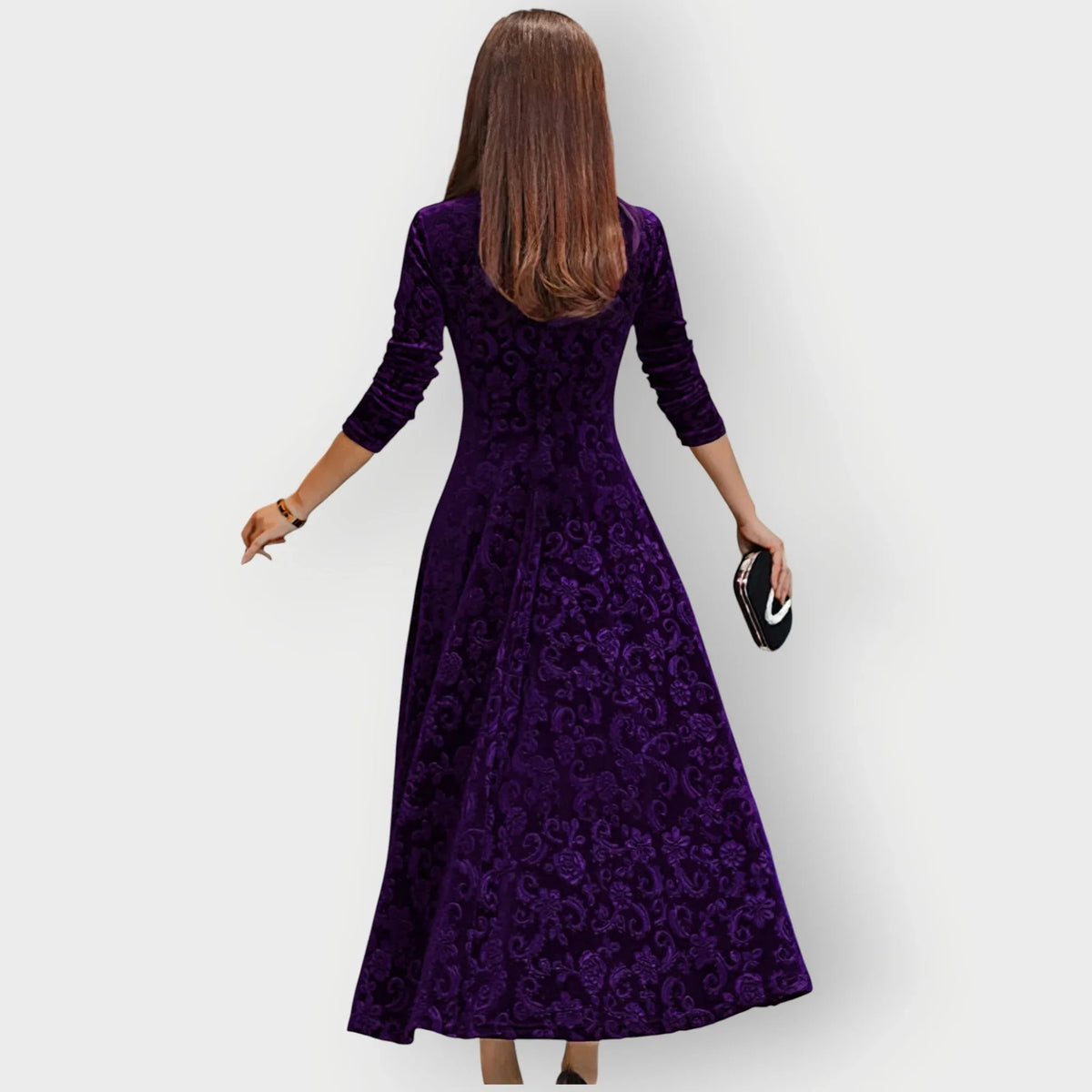 Women's floral velvet v-neck midi dress with embossed pattern