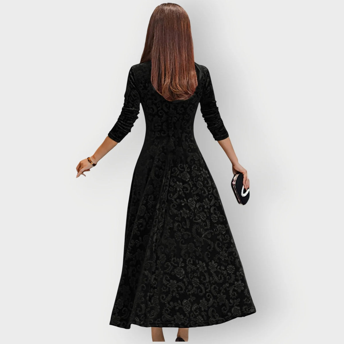 Women's floral velvet v-neck midi dress with embossed pattern