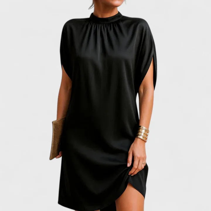 Women's gathered satin stand collar mini dress