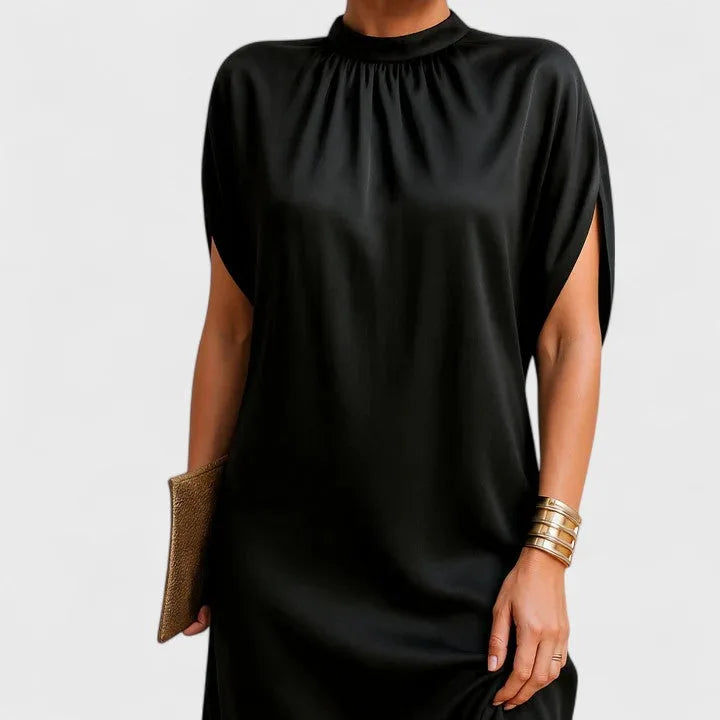 Women's gathered satin stand collar mini dress