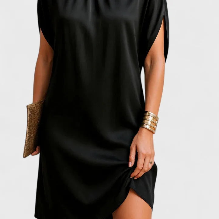 Women's gathered satin stand collar mini dress