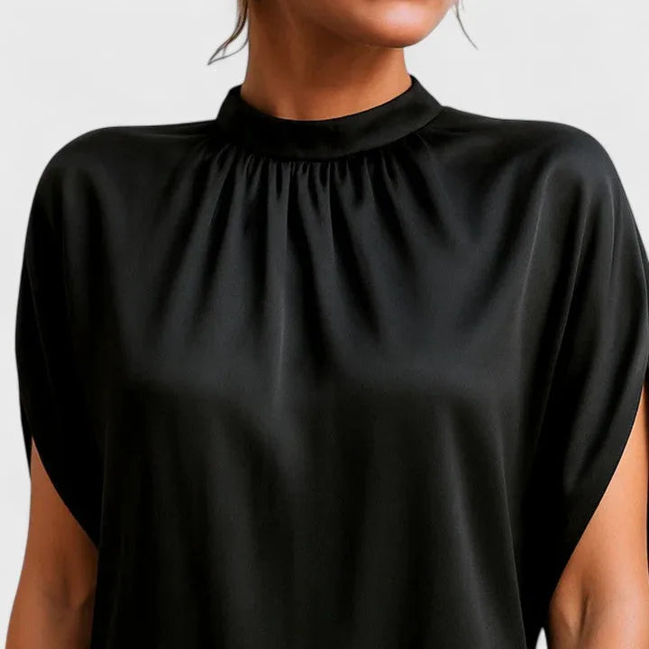 Women's gathered satin stand collar mini dress