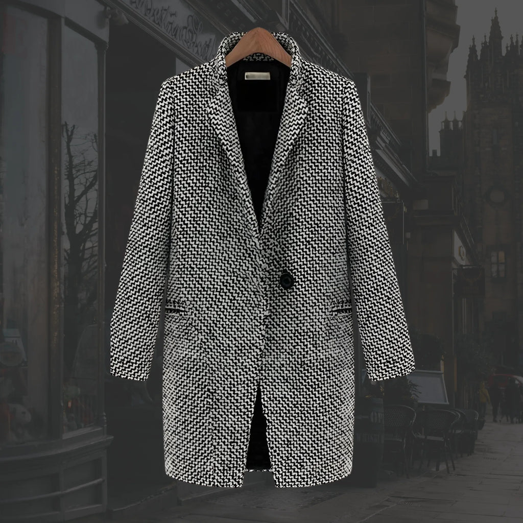 Women's houndstooth tweed button-front wool coat with quilted lining in black