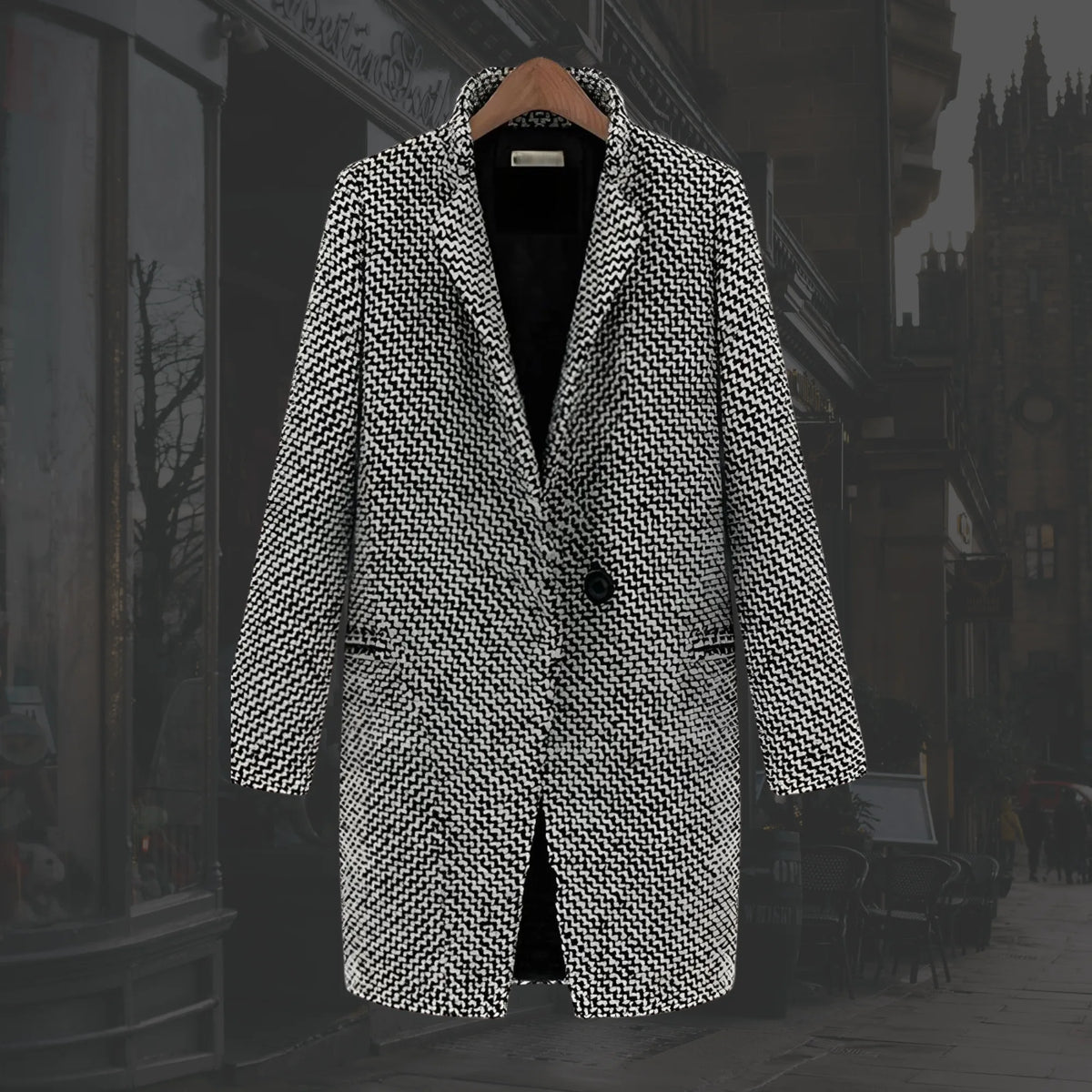 Women's houndstooth tweed button-front wool coat with quilted lining in black