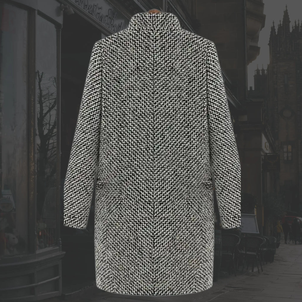 Women's houndstooth tweed button-front wool coat with quilted lining in black