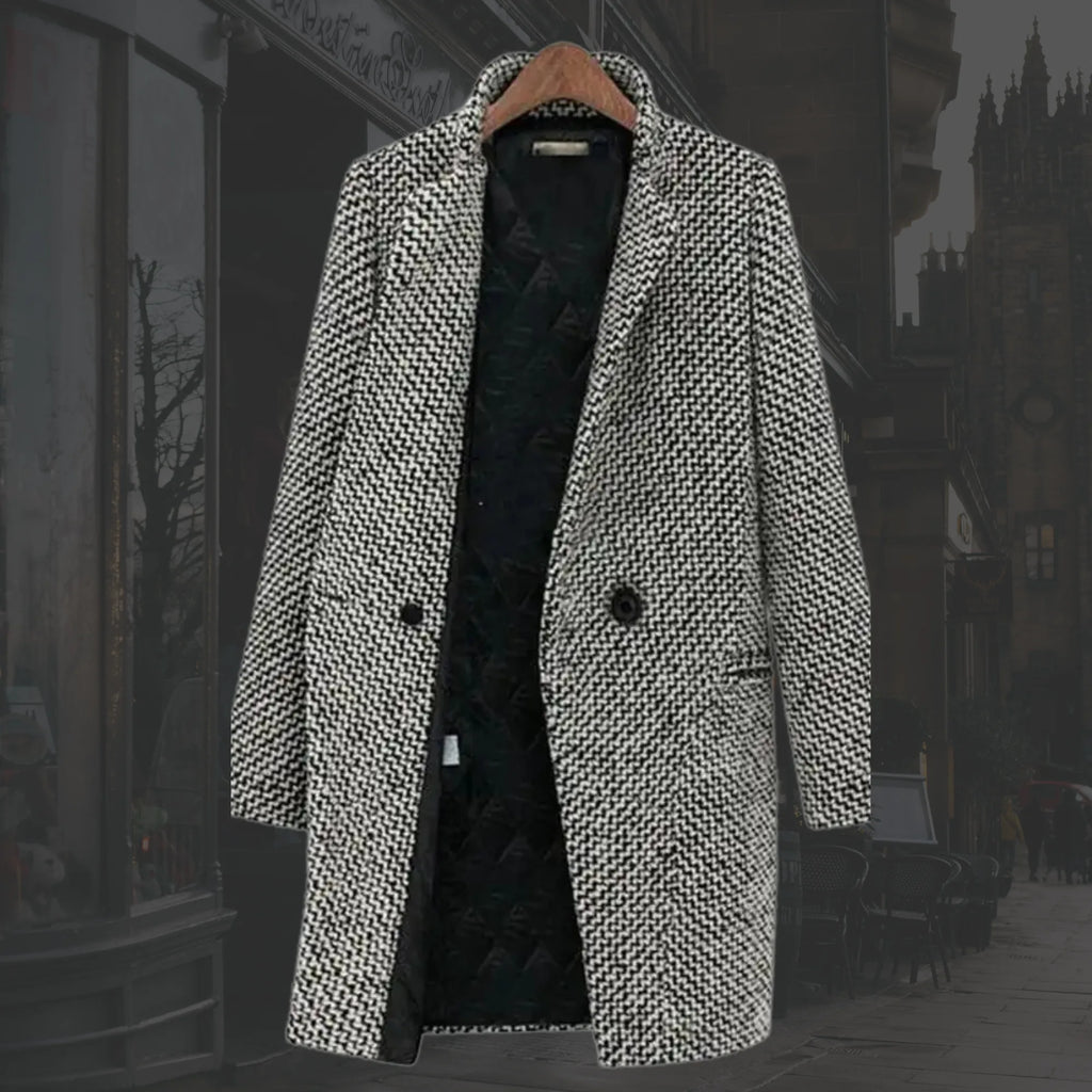 Women's houndstooth tweed button-front wool coat with quilted lining in black