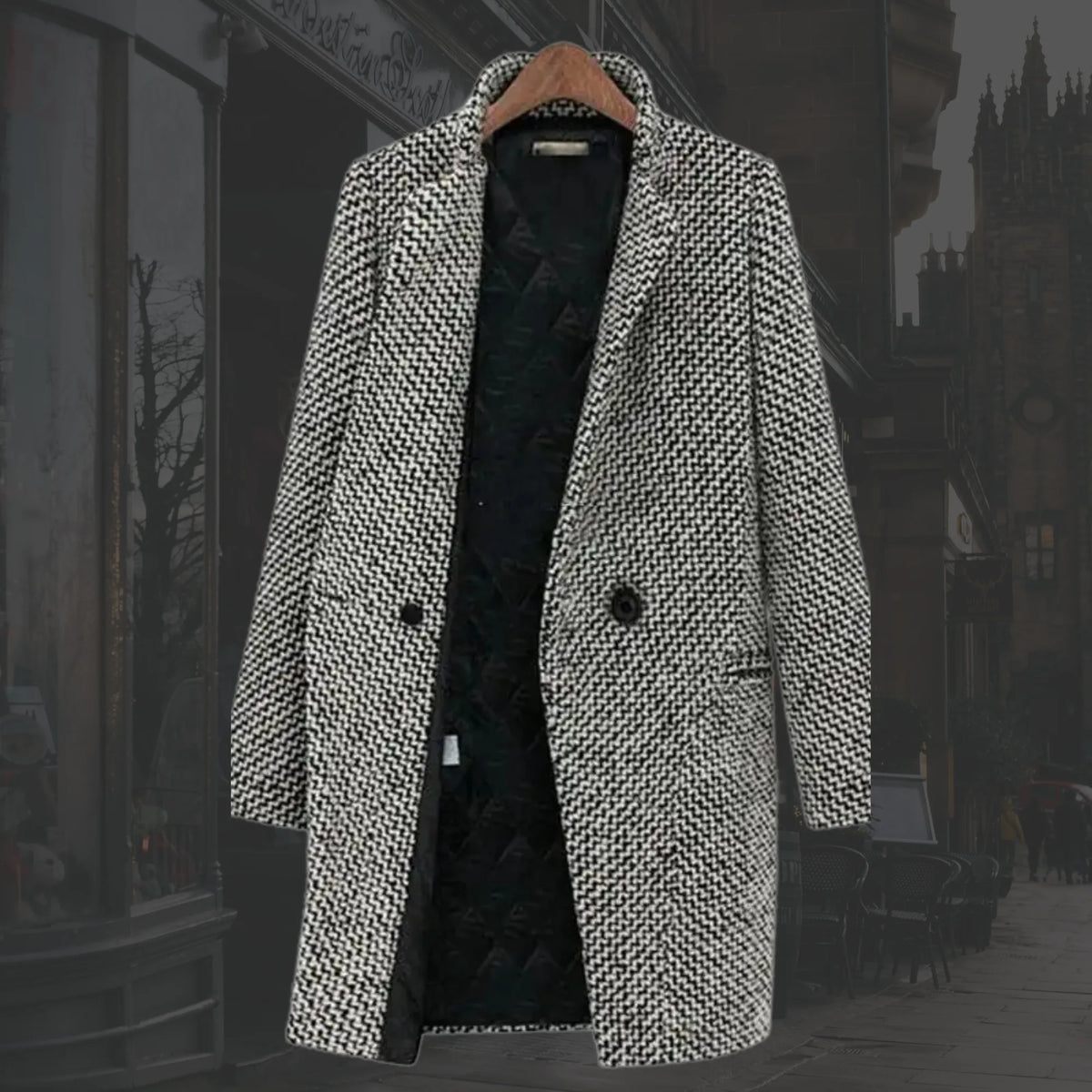Women's houndstooth tweed button-front wool coat with quilted lining in black