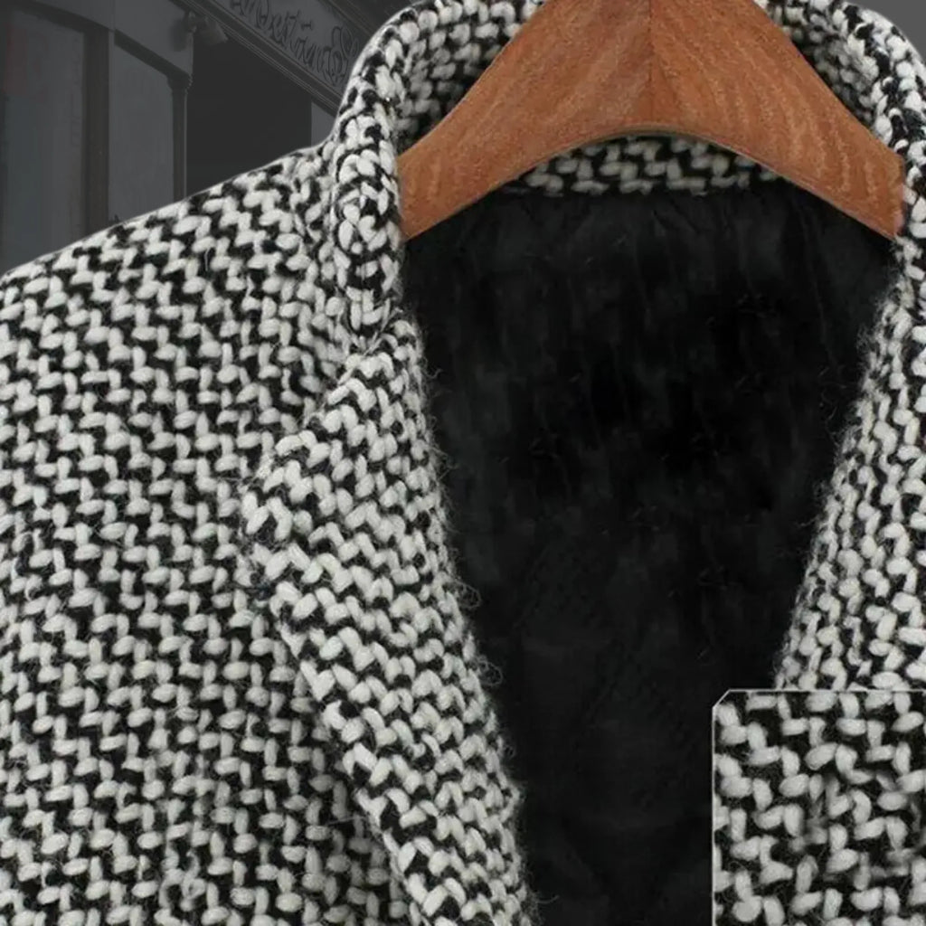 Women's houndstooth tweed button-front wool coat with quilted lining in black