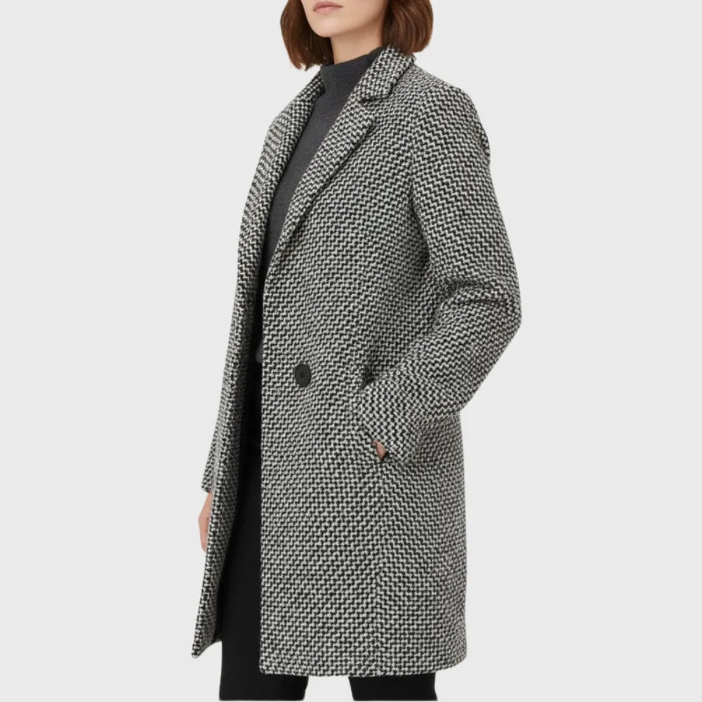 Women's houndstooth tweed double-breasted wool coat