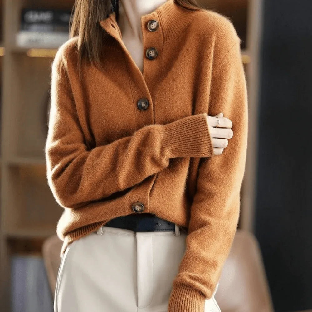 Women's knit button-front collared cardigan with ribbed cuffs