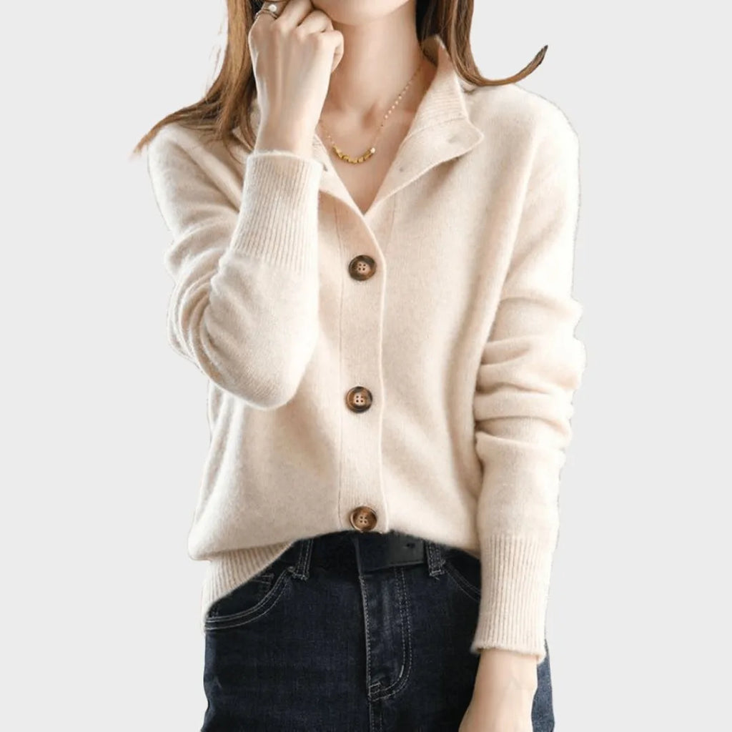 Women's knit button-front collared cardigan with ribbed cuffs