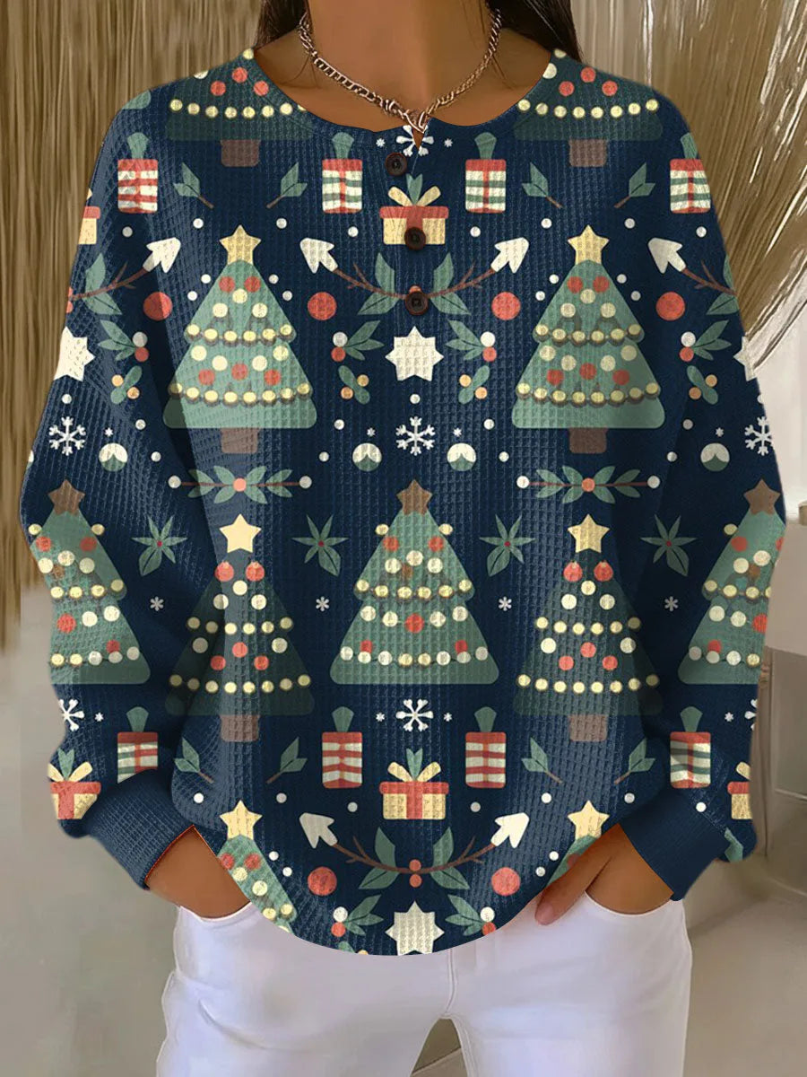 Women's knit button-front crew neck sweater with christmas pattern