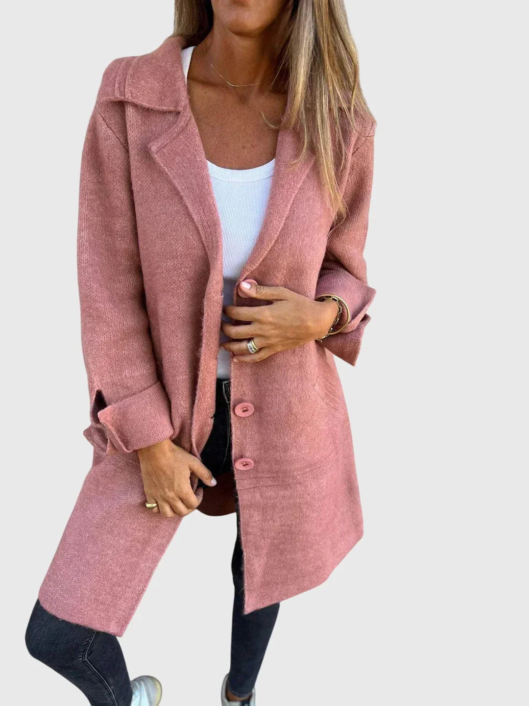 Women's knit button-front notch lapel cardigan with cuffed sleeves