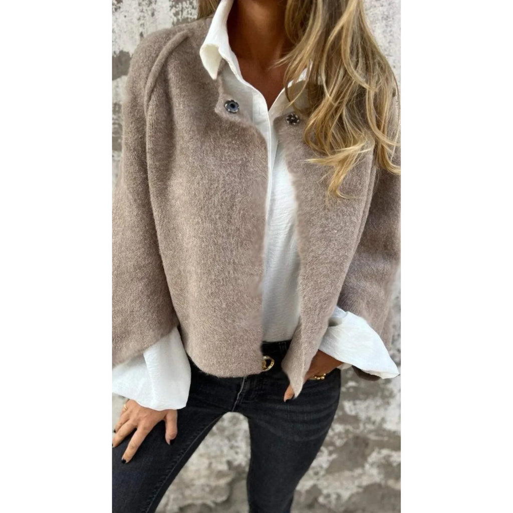 Women's knit button-front stand collar cardigan with two decorative