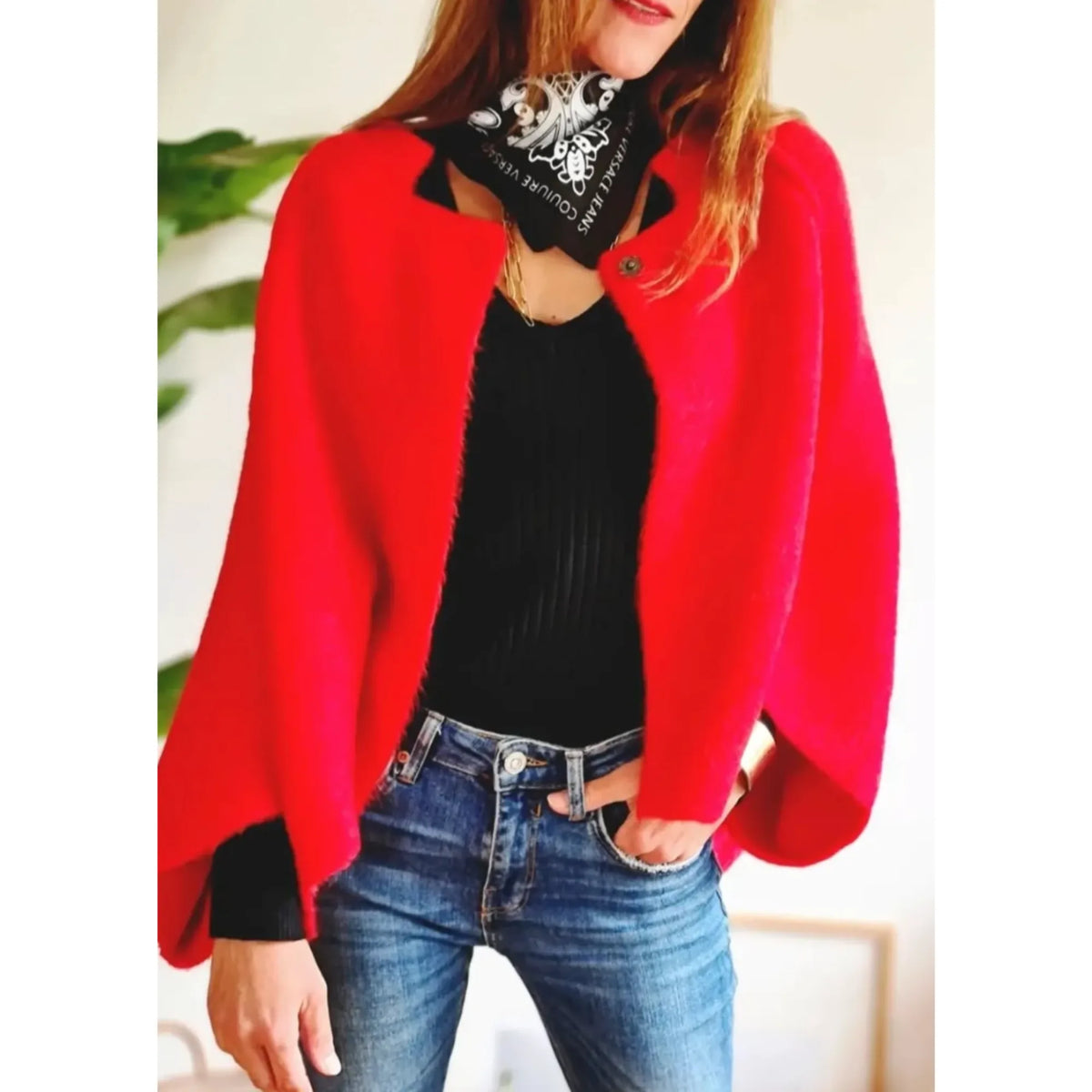 Women's knit button-front stand collar cardigan with two decorative