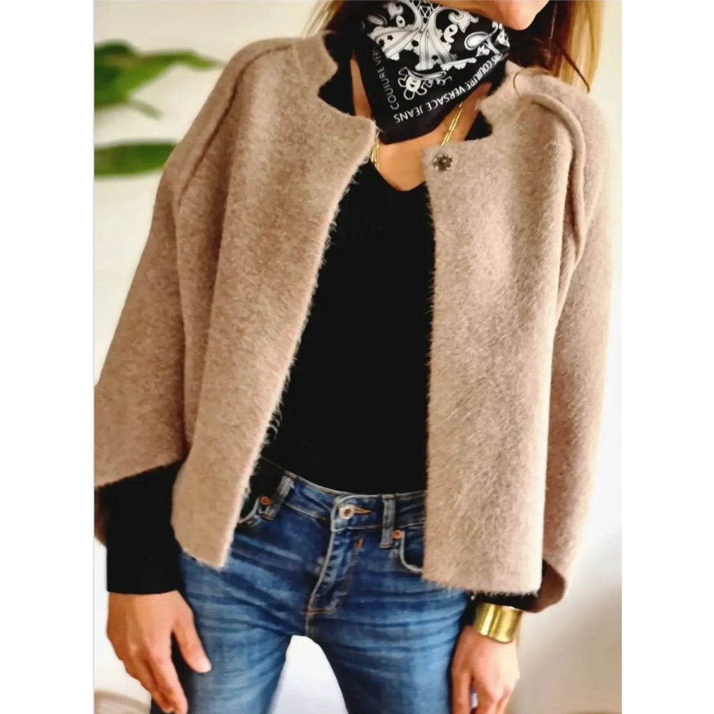 Women's knit button-front stand collar cardigan with two decorative