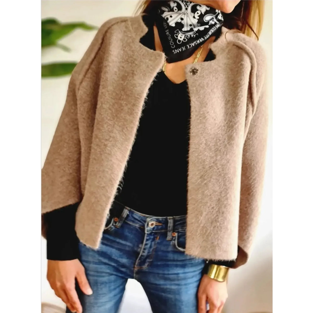Women's knit button-front stand collar cardigan with two decorative