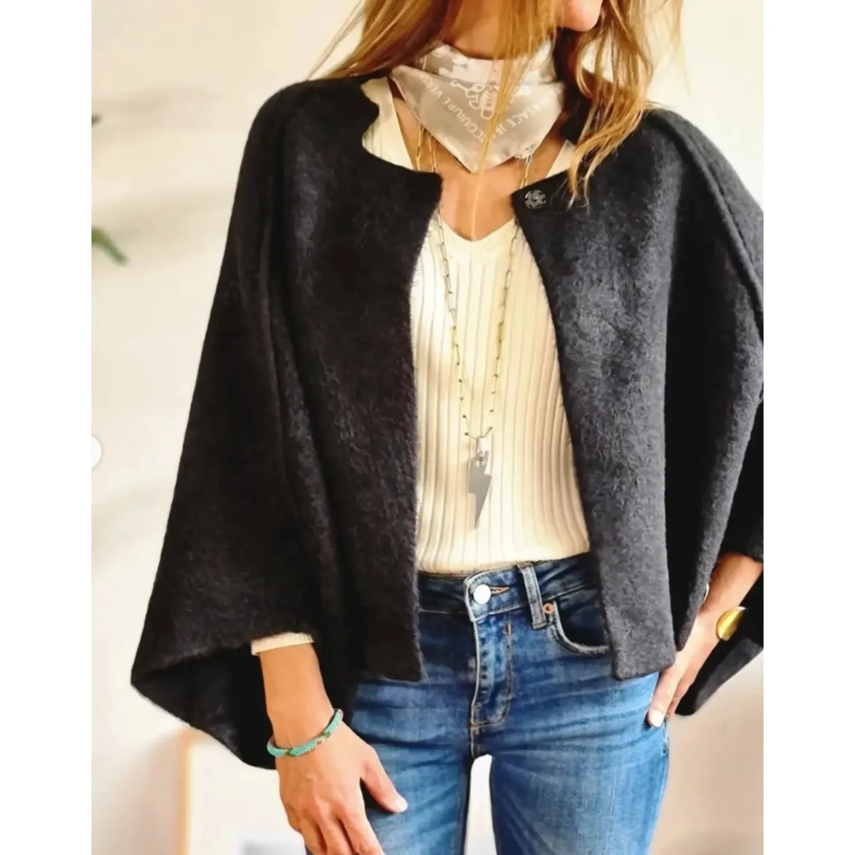 Women's knit button-front stand collar cardigan with two decorative