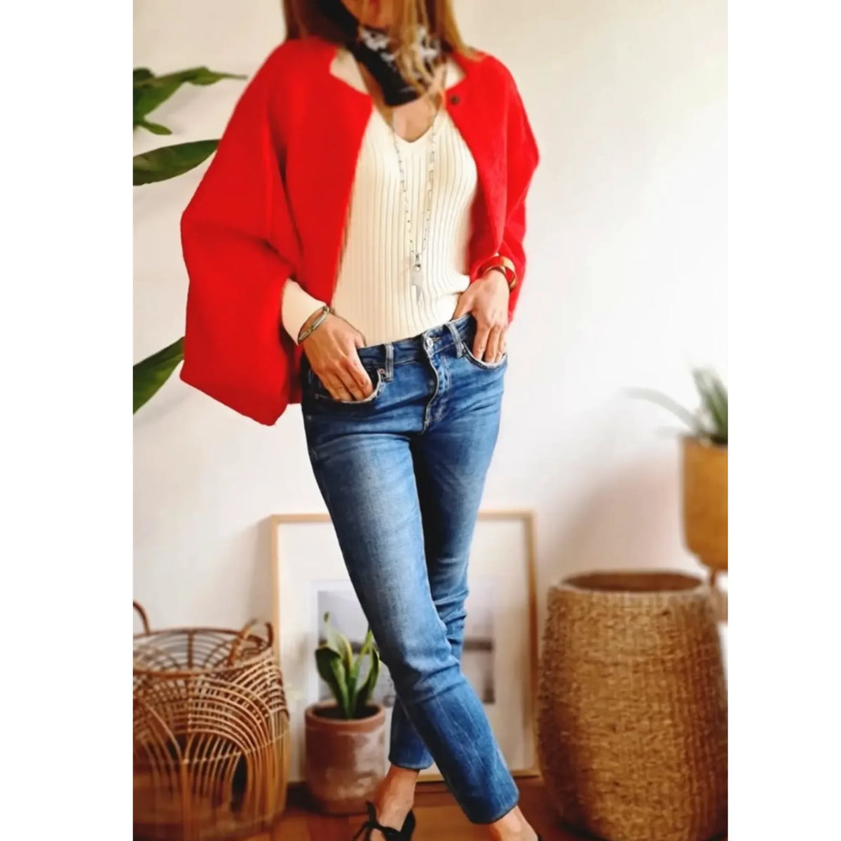 Women's knit button-front stand collar cardigan with two decorative