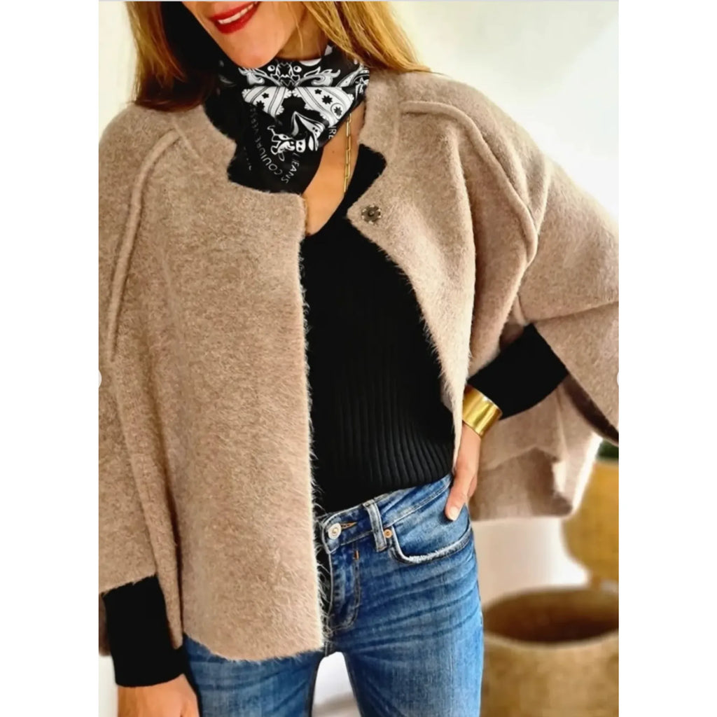 Women's knit button-front stand collar cardigan with two decorative