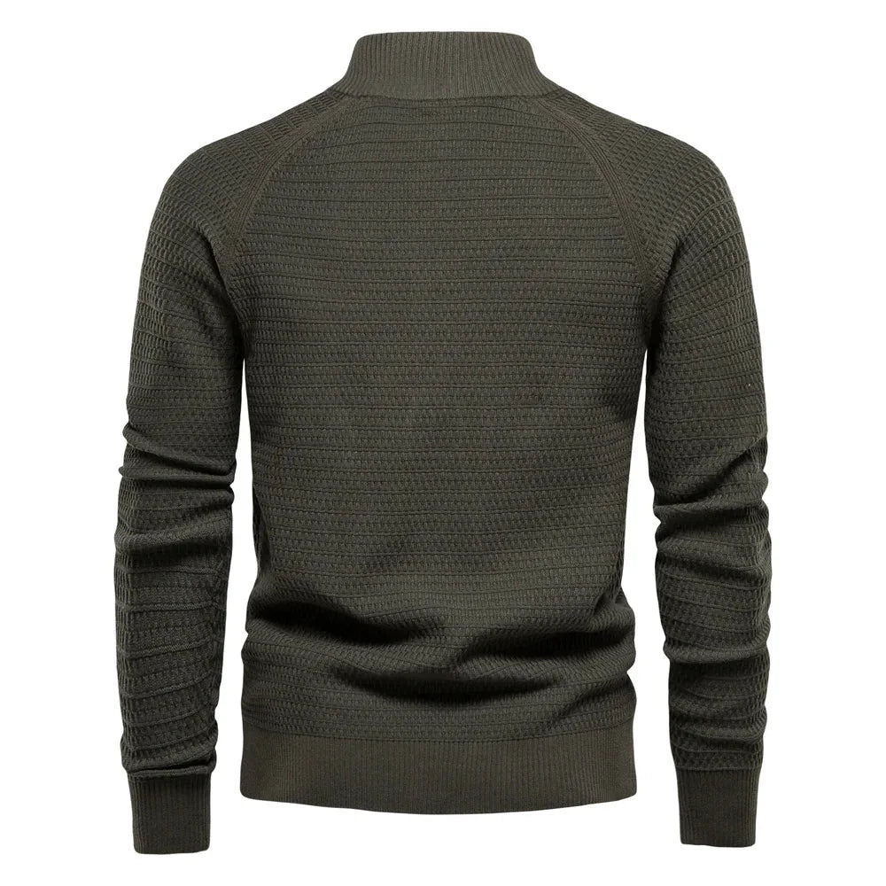 Women's knit button-front stand collar cardigan with waffle texture