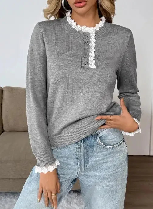 Women's knit button-front stand collar sweater with lace trim