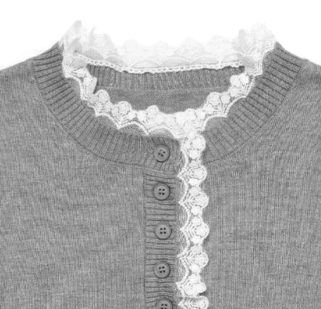 Women's knit button-front stand collar sweater with lace trim