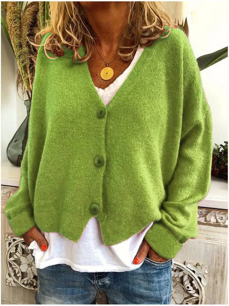 Women's knit button-front v-neck cardigan with dropped shoulders