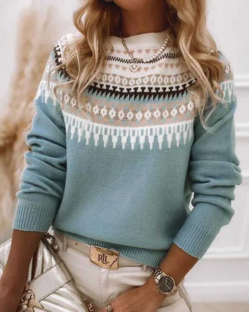 Women's knit crew neck fair isle sweater with yoke pattern