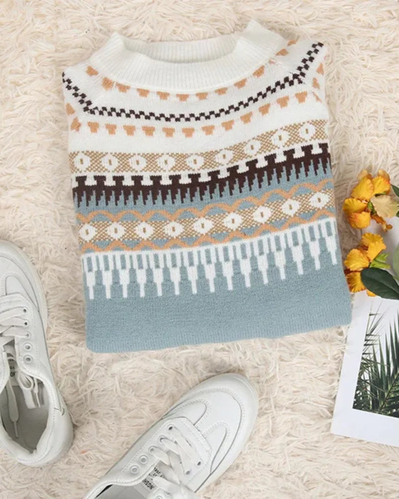 Women's knit crew neck fair isle sweater with yoke pattern