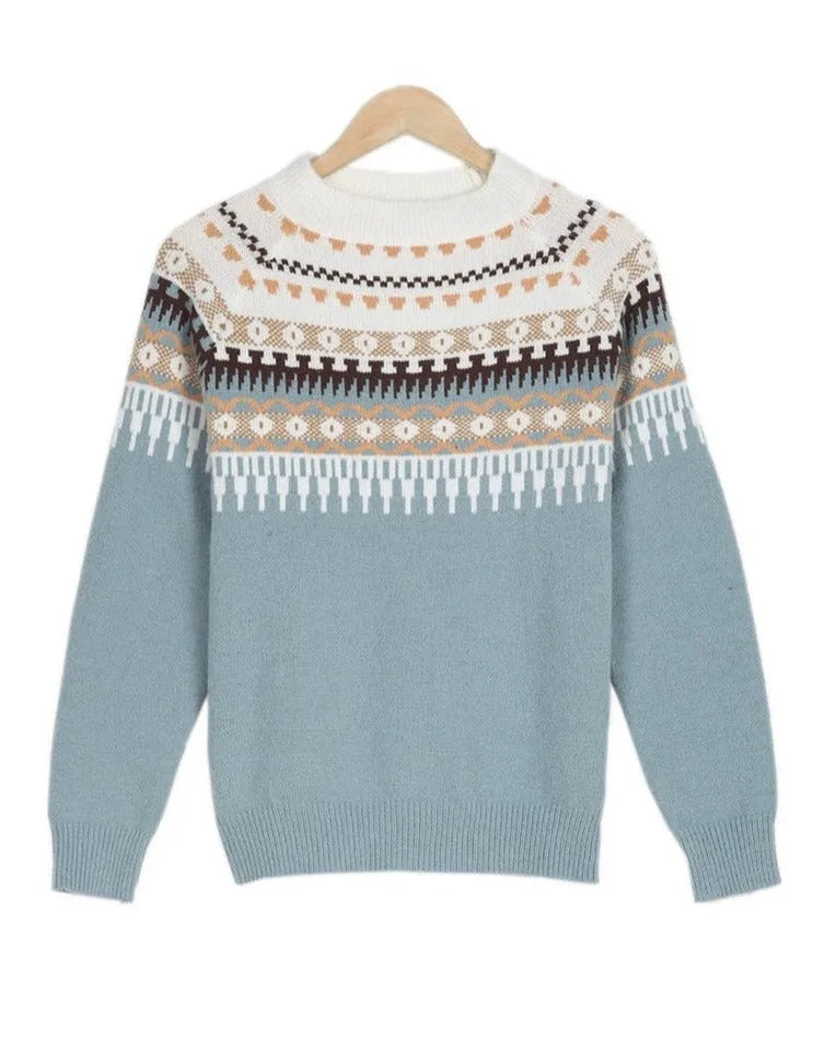 Women's knit crew neck fair isle sweater with yoke pattern