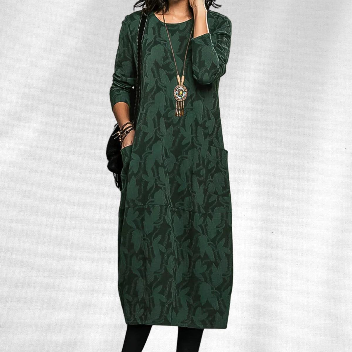 Women's knit crew neck midi dress with all-over leaf pattern