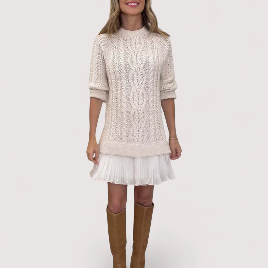 Women's knit crew neck mini sweater dress with pleated skirt