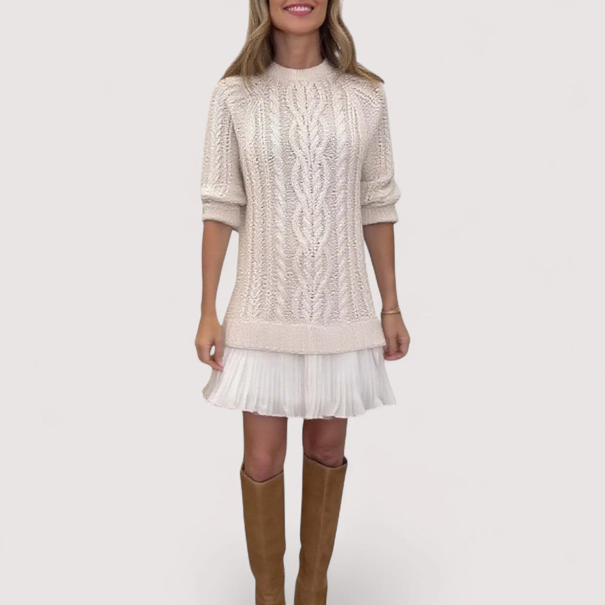 Women's knit crew neck mini sweater dress with pleated skirt